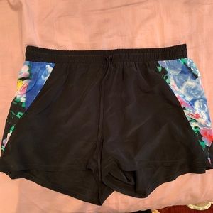 Aqua silk shorts black with floral inserts size s